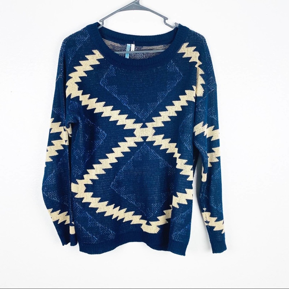 MOONLIGHT Navy Aztec Print Long Sleeve Sweater Medium Casual Cabincore
